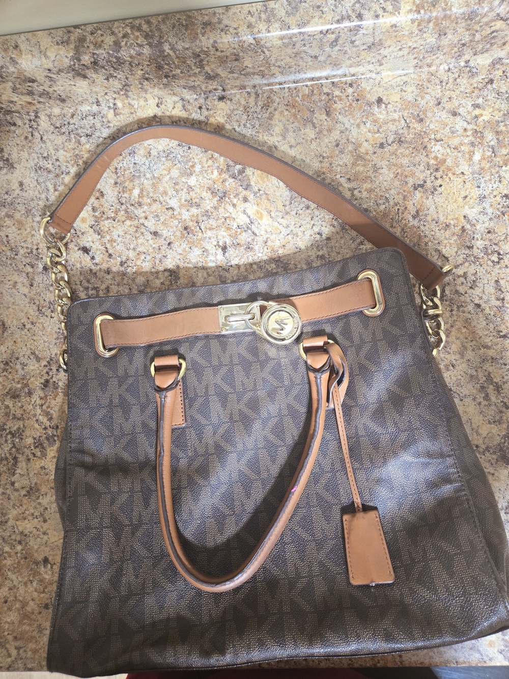 Michael Kors Brown MK Logo Tote with Tan Trim and Gold Hardware
